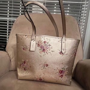 Coach Gold Metallic Floral City leather Tote